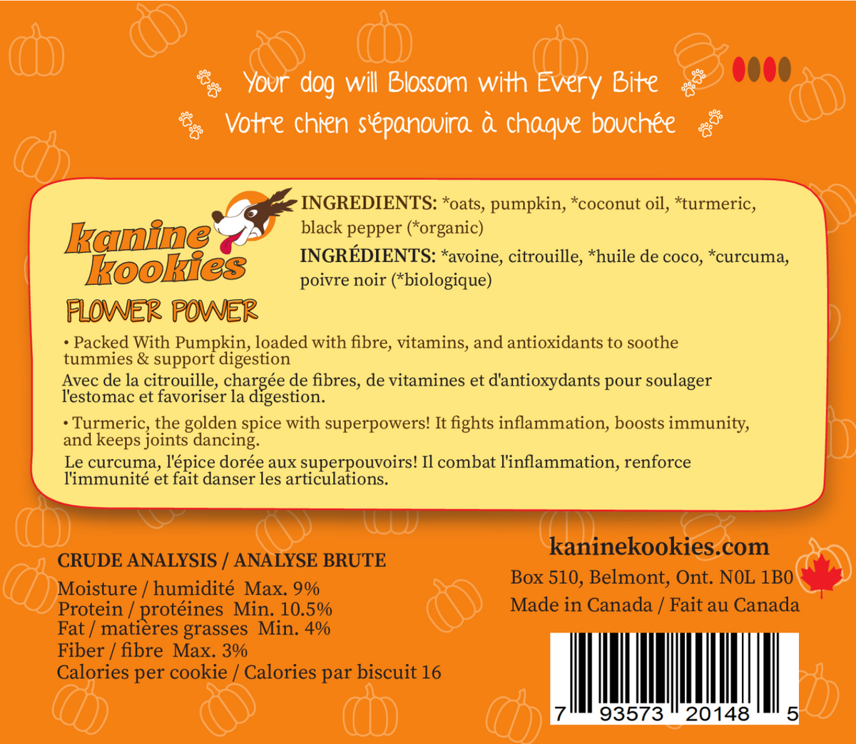 Flower Power dog treats ingredients and nutrition label