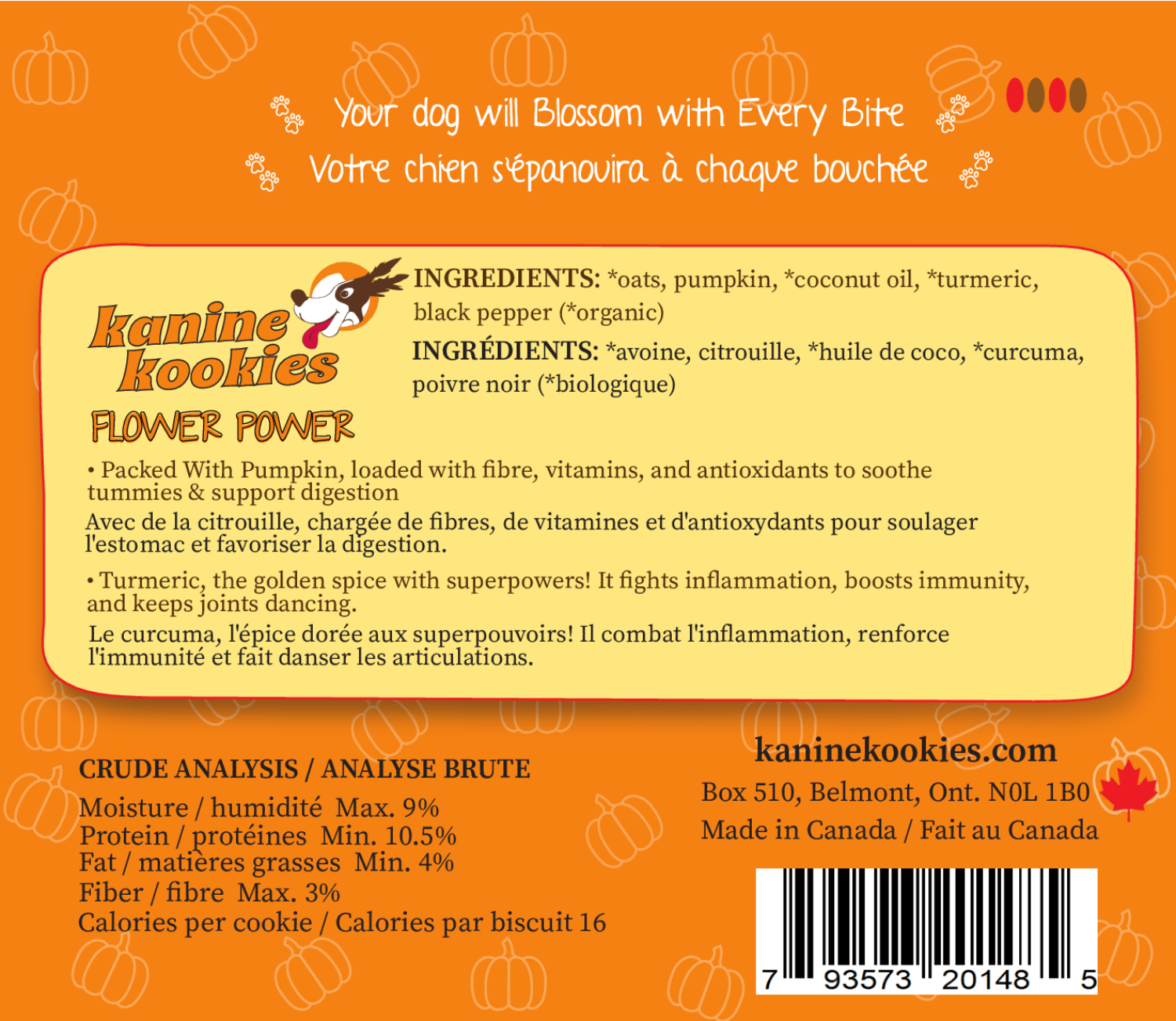 Flower Power dog treats ingredients and nutrition label