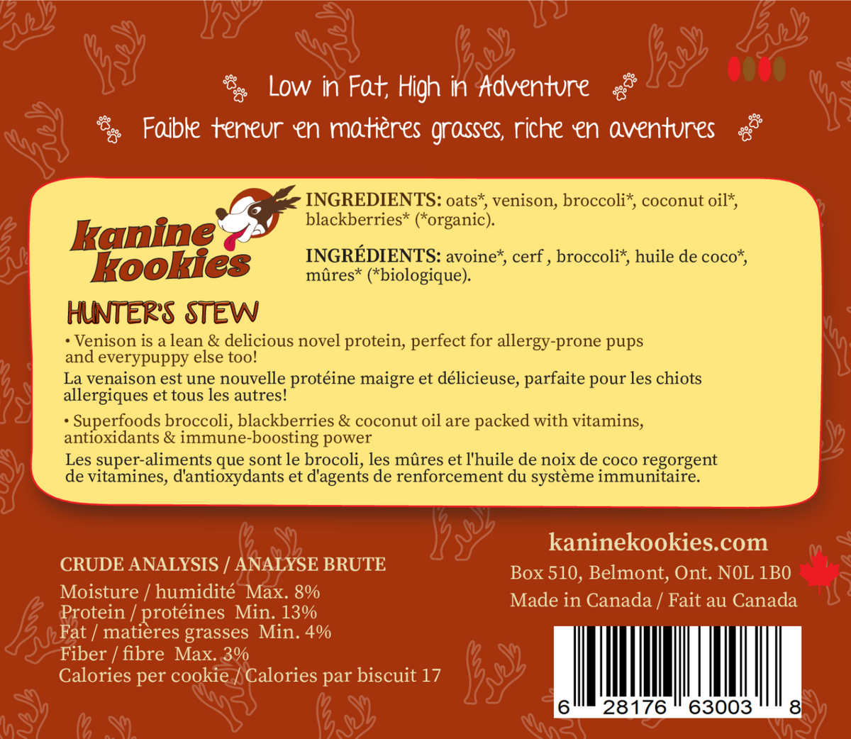 Venison dog treat ingredients with broccoli and blackberries for digestion