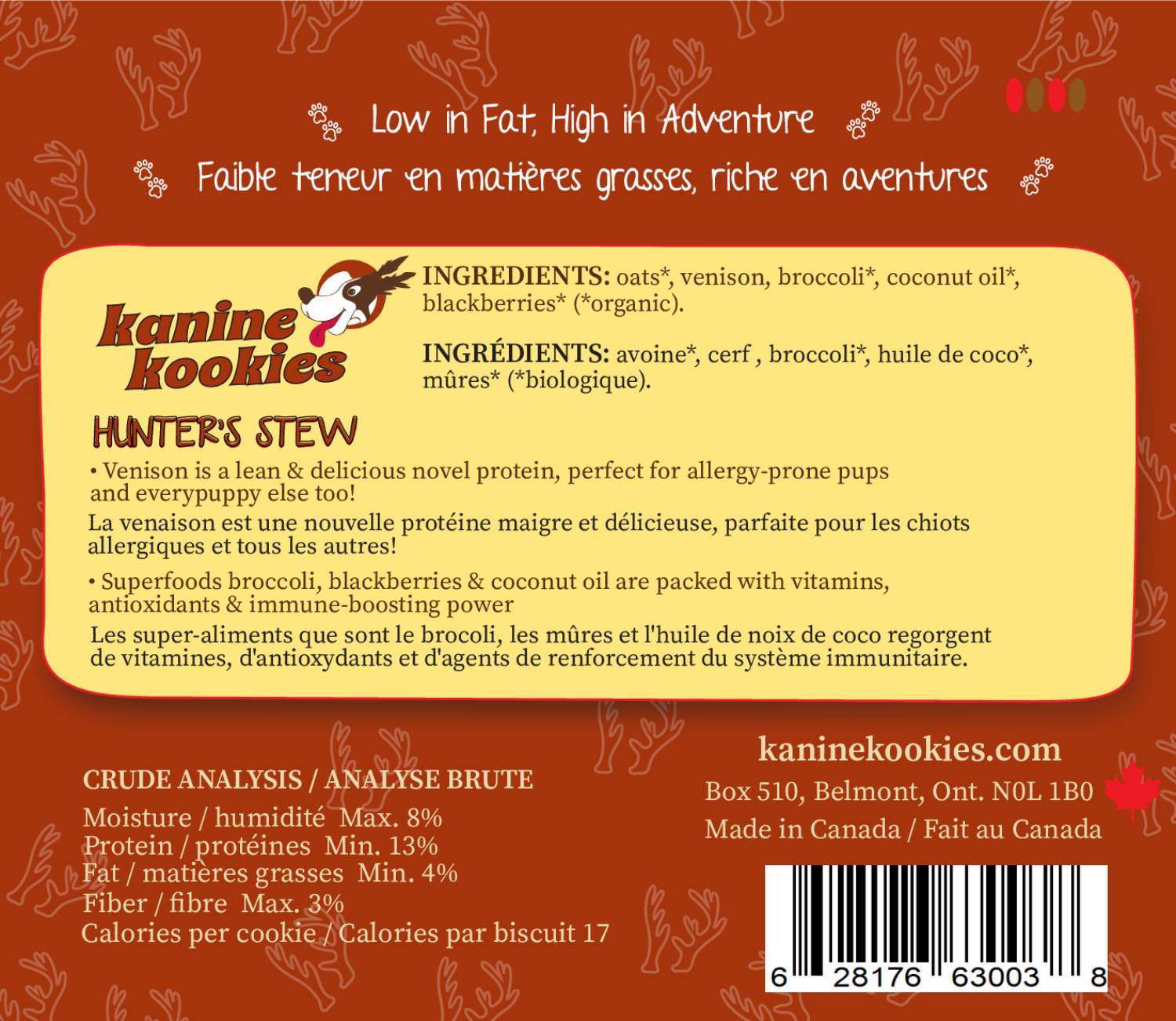 Venison dog treat ingredients with broccoli and blackberries for digestion