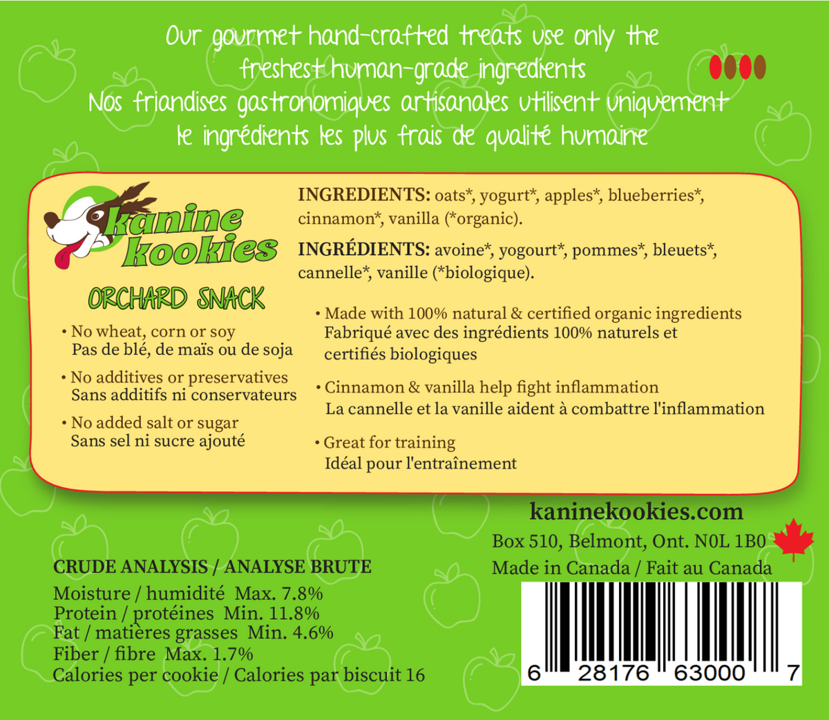 Orchard snack dog treat ingredients with apples blueberries and cinnamon