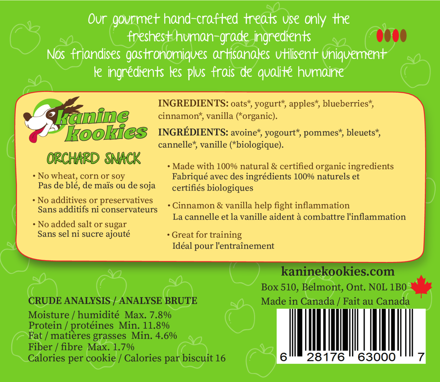 Orchard snack dog treat ingredients with apples blueberries and cinnamon