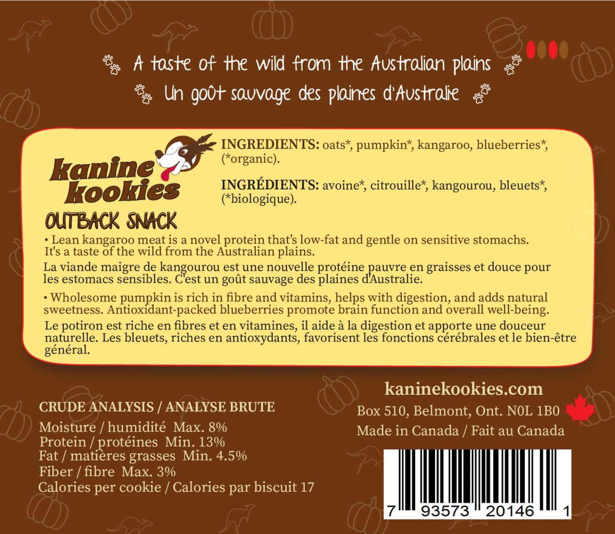 Kangaroo dog treat ingredients with pumpkin and blueberries for sensitive stomachs