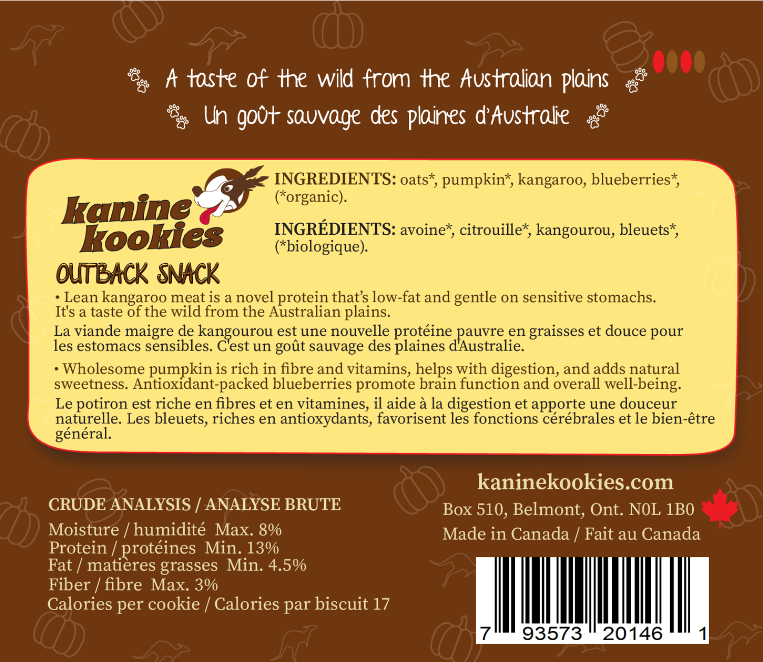 Kangaroo dog treat ingredients with pumpkin and blueberries for sensitive stomachs