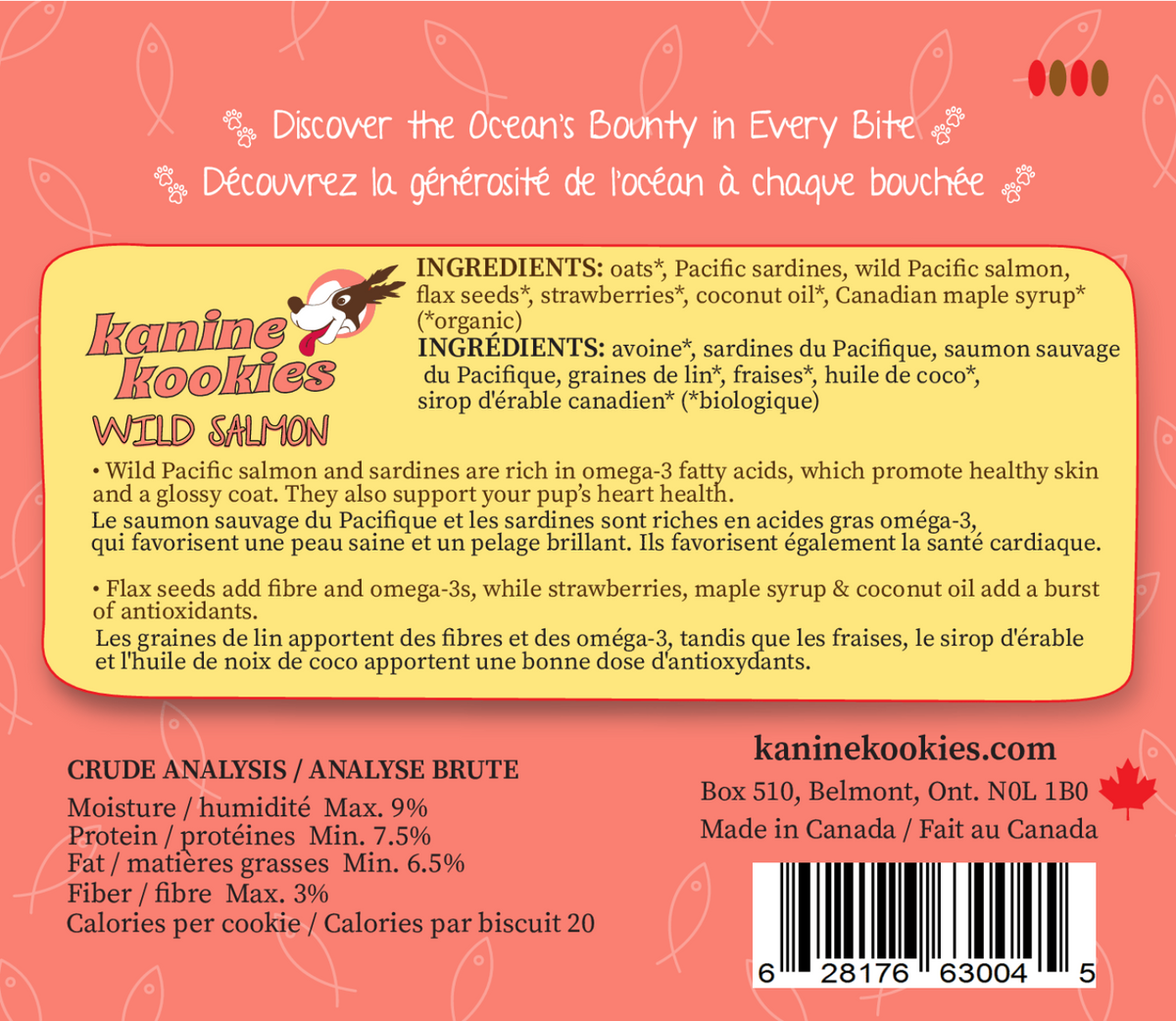 Wild salmon dog treat ingredients with flax seeds strawberries and omega-3