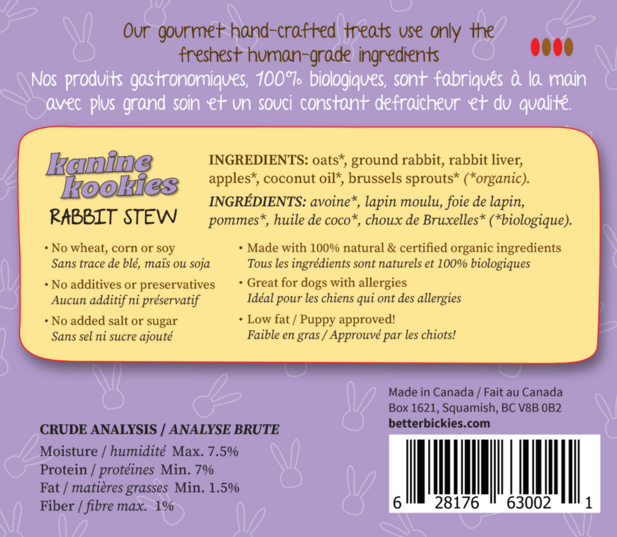 Rabbit Stew dog treats ingredients and nutrition label